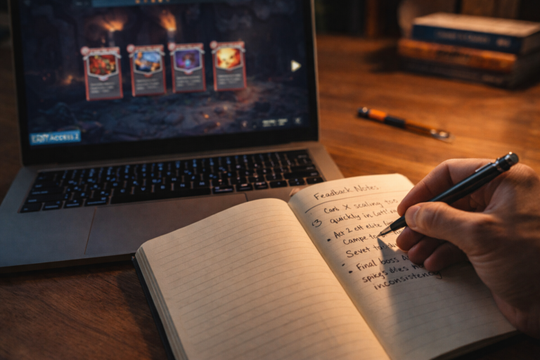 player writing early access game feedback while testing a roguelike game